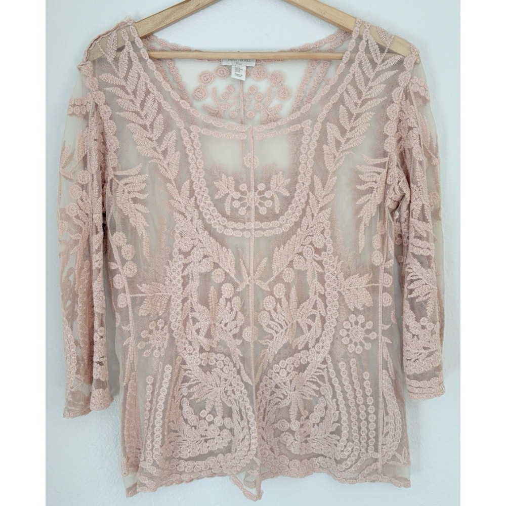 Saint Tropez West Sheer Floral Embroidered Lace Women's Top Size M Boho Festival